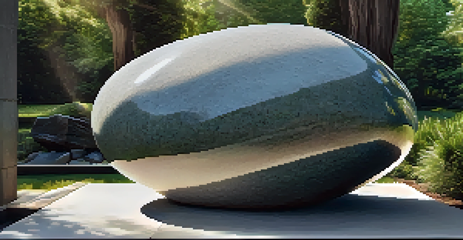 A polished granite sculpture in an outdoor setting, surrounded by greenery and sunlight.