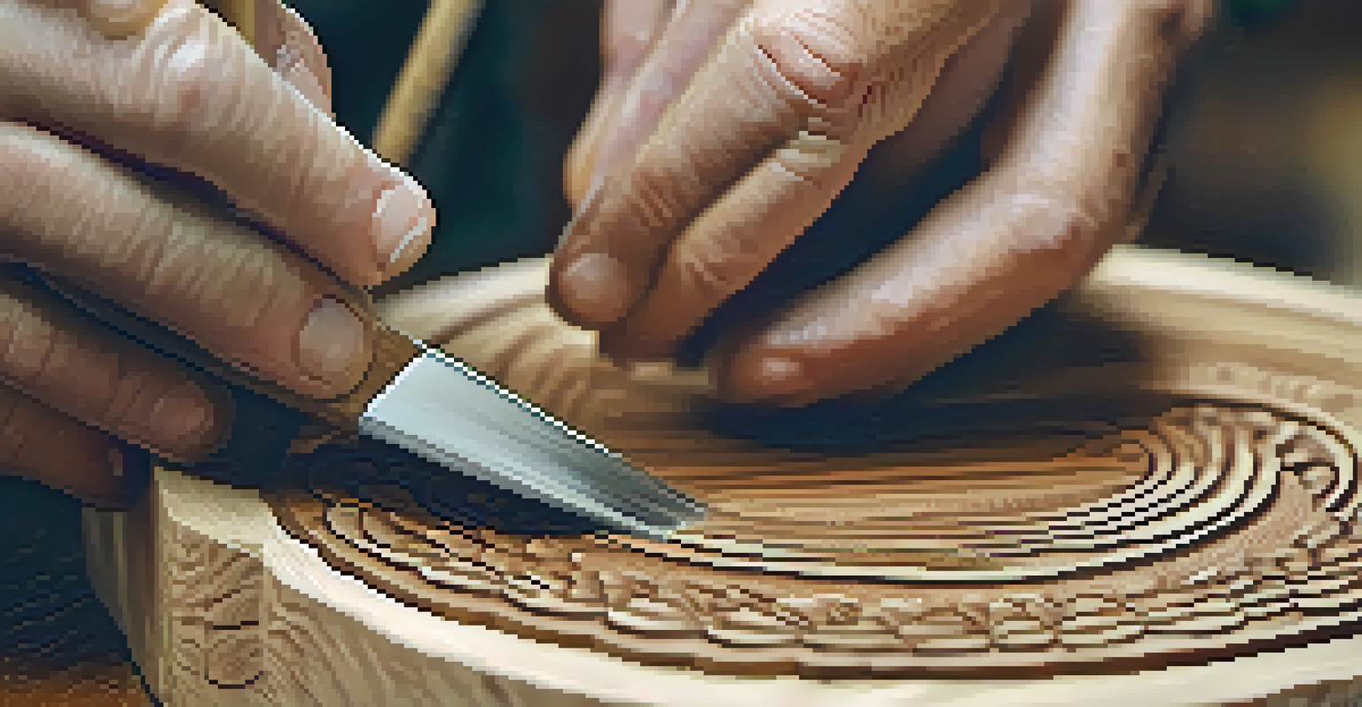 Close-up of hands carving intricate patterns into wood, showcasing the craftsmanship and tools.