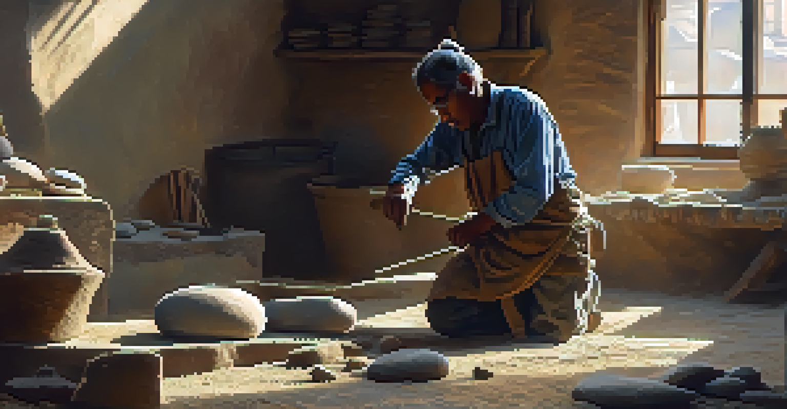 An artisan carving stone with traditional tools in a workshop filled with dust particles and various stone pieces.