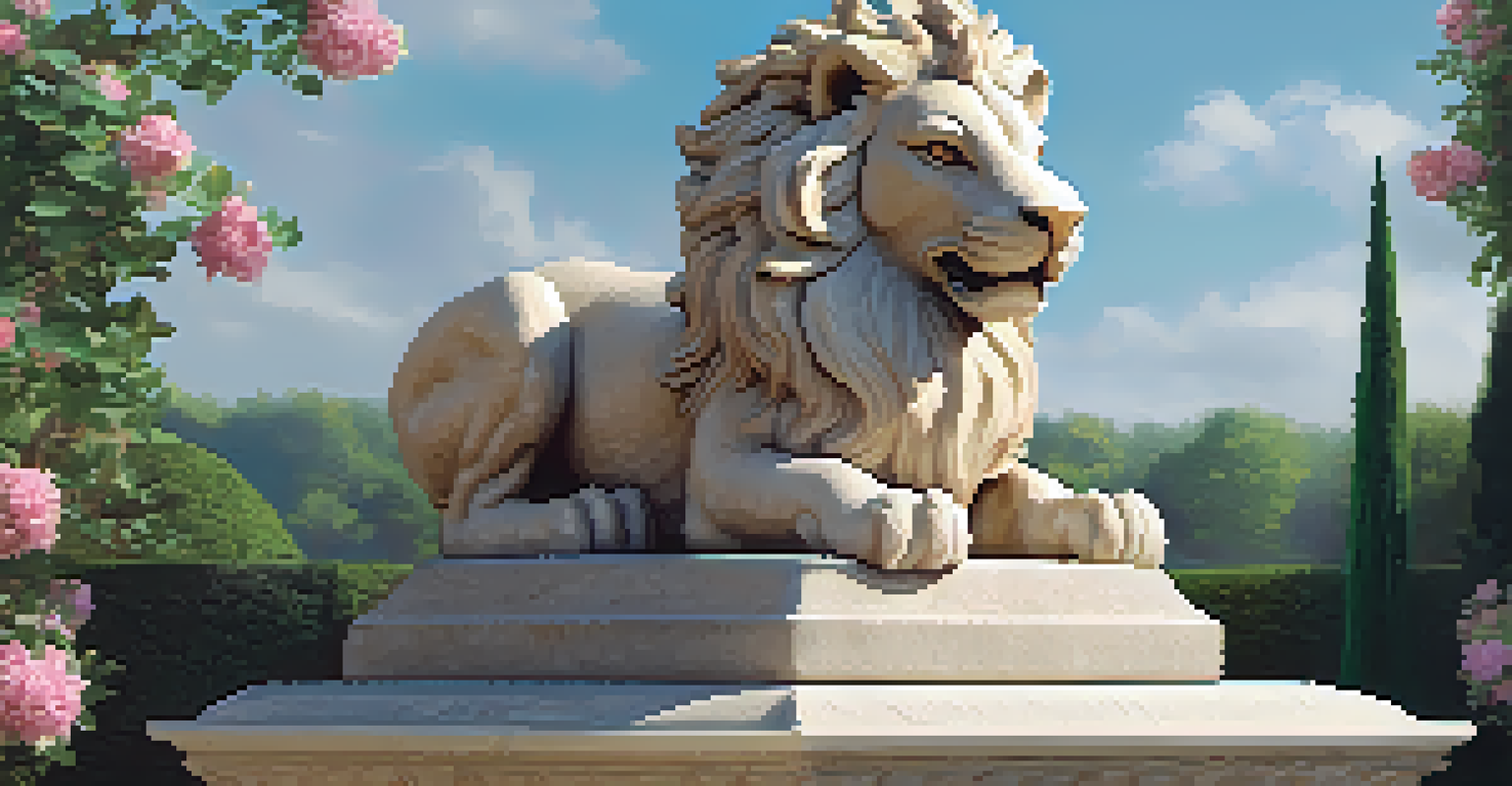 Elegant stone carving of a mythical creature on a pedestal in a sunlit garden surrounded by flowers and greenery.