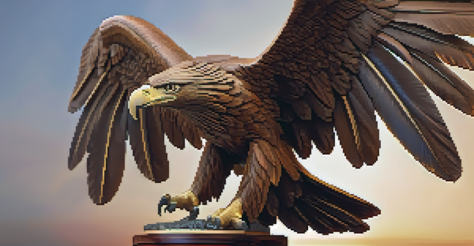 A detailed wooden eagle carving on a pedestal, illuminated by soft light, with a blurred background.