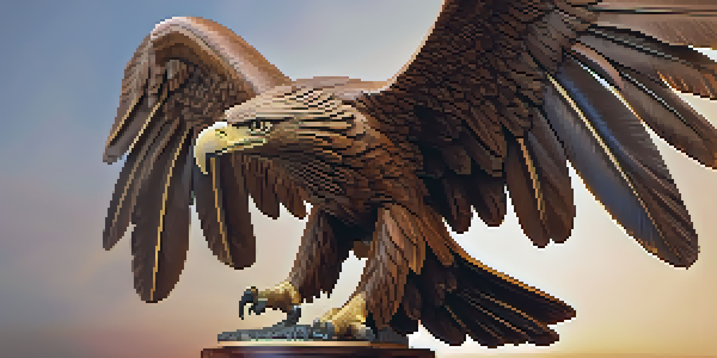 A detailed wooden eagle carving on a pedestal, illuminated by soft light, with a blurred background.