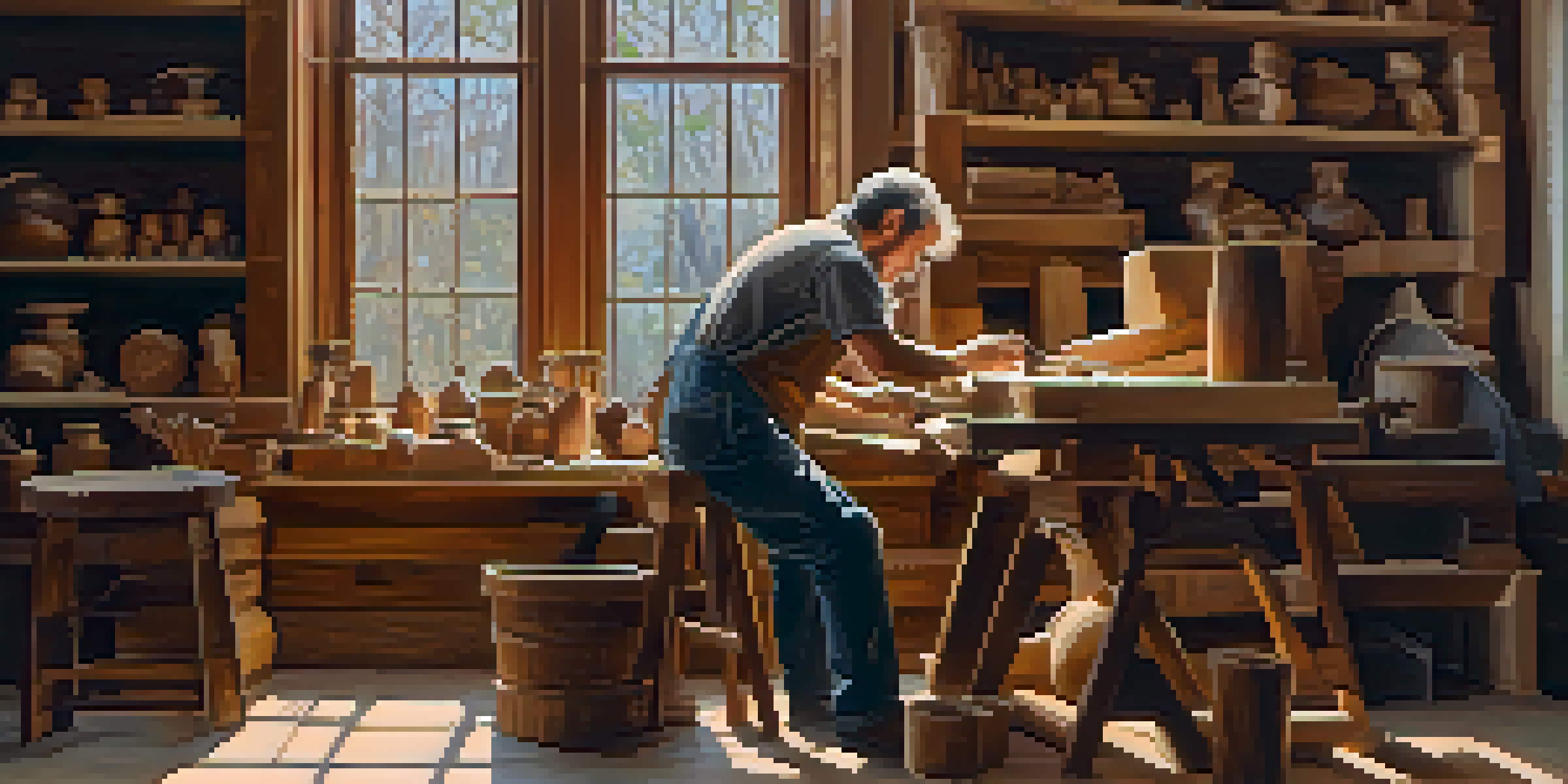 An artisan in a workshop applying linseed oil to a carved wooden sculpture, surrounded by tools and wood shavings.