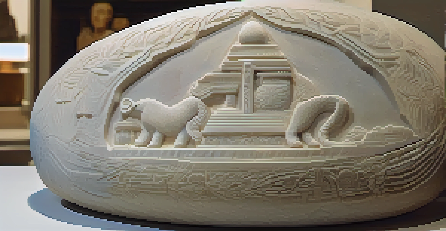 A detailed close-up of a carved stone sculpture with intricate engravings illuminated by natural light.