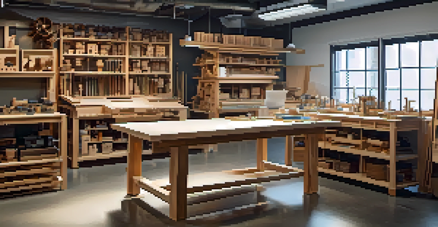 A modern carving studio with a CNC machine cutting wood, showcasing advanced tools and carved objects.