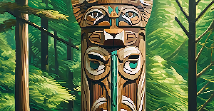 A detailed view of a wooden totem pole with intricate animal carvings, surrounded by a vibrant green forest.