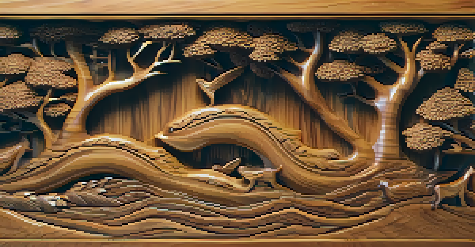 A close-up of a detailed wooden relief carving showcasing a nature scene with trees and animals.