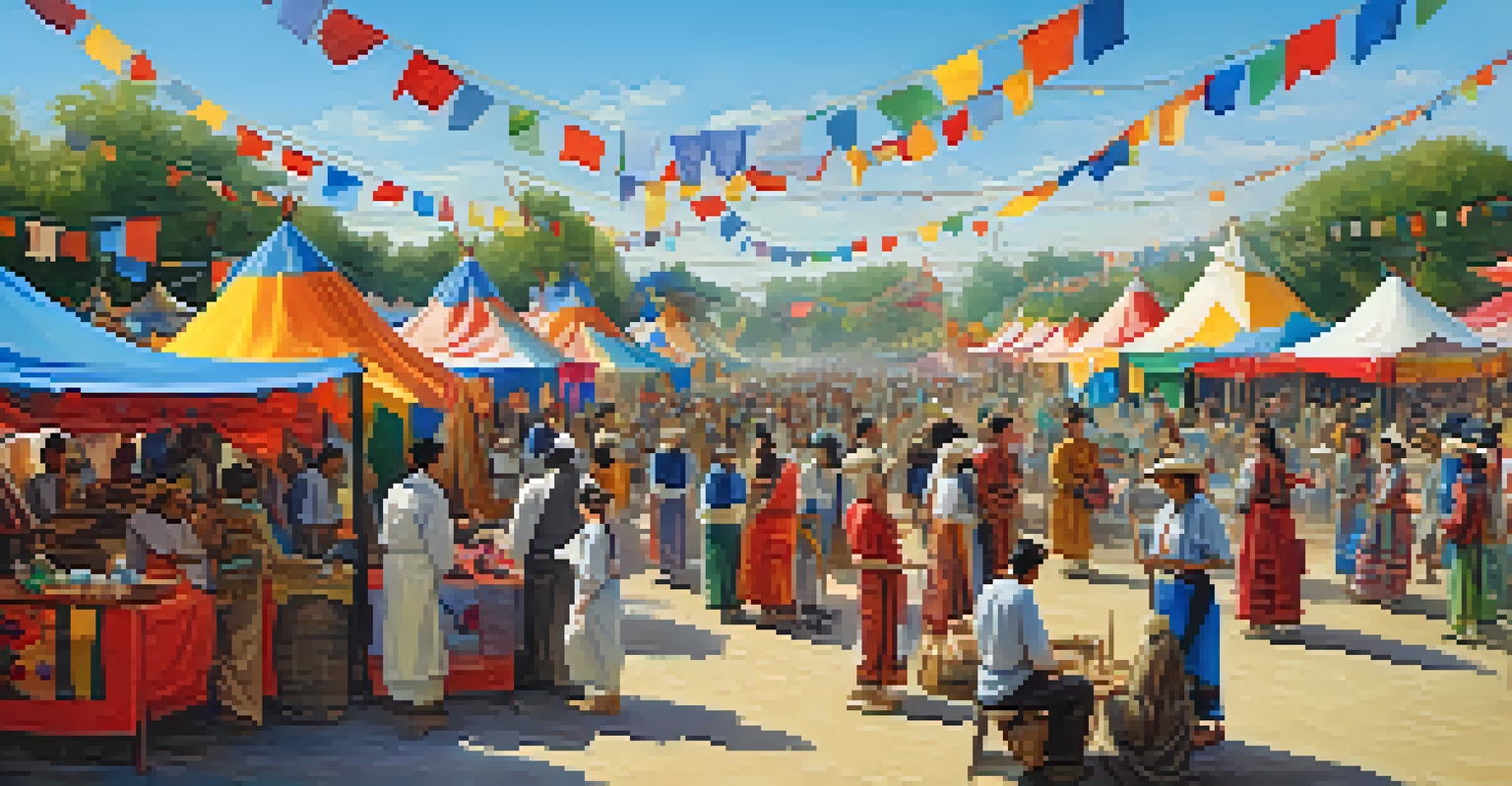 A vibrant cultural festival with artists and community members participating in creative workshops and demonstrations under colorful tents.