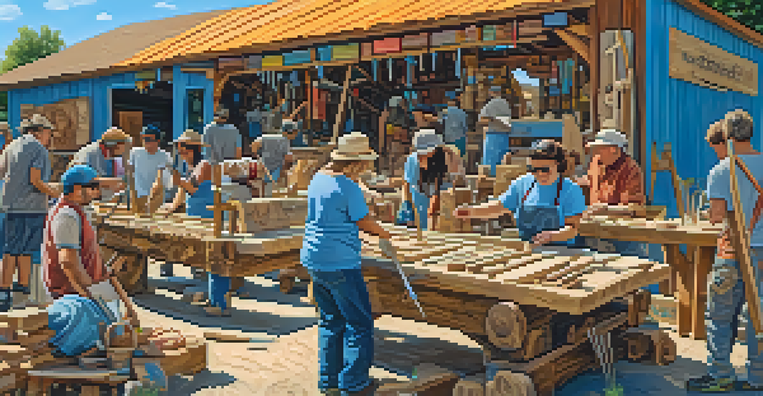 A lively community carving workshop outdoors, with people of different ages working together on a large sculpture made from reclaimed materials under a clear blue sky.