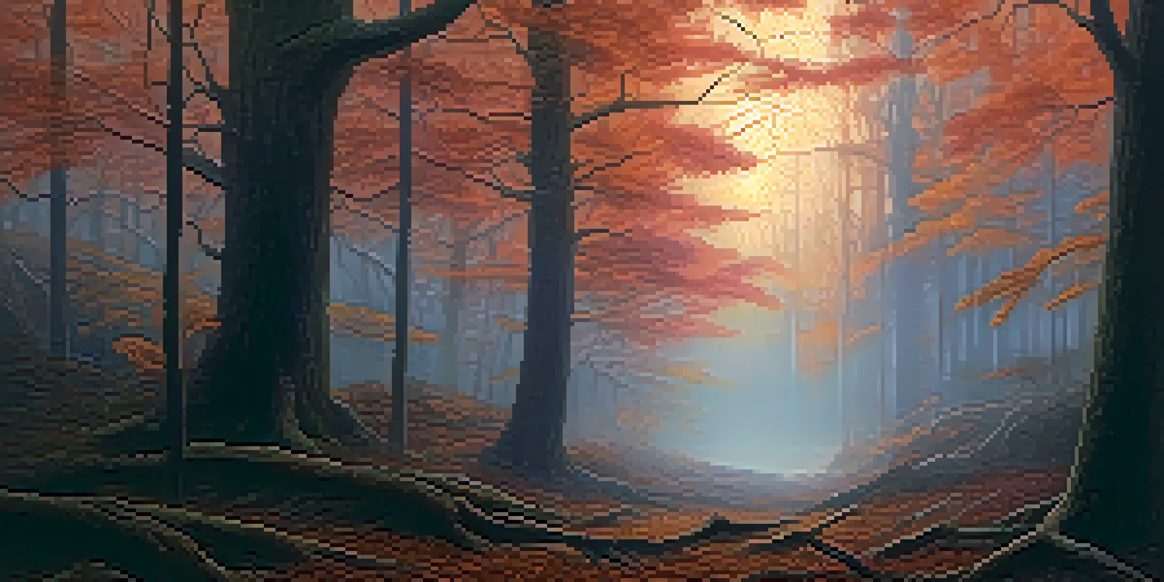 A dark forest with trees carved with mysterious symbols, illuminated by soft light at dusk.
