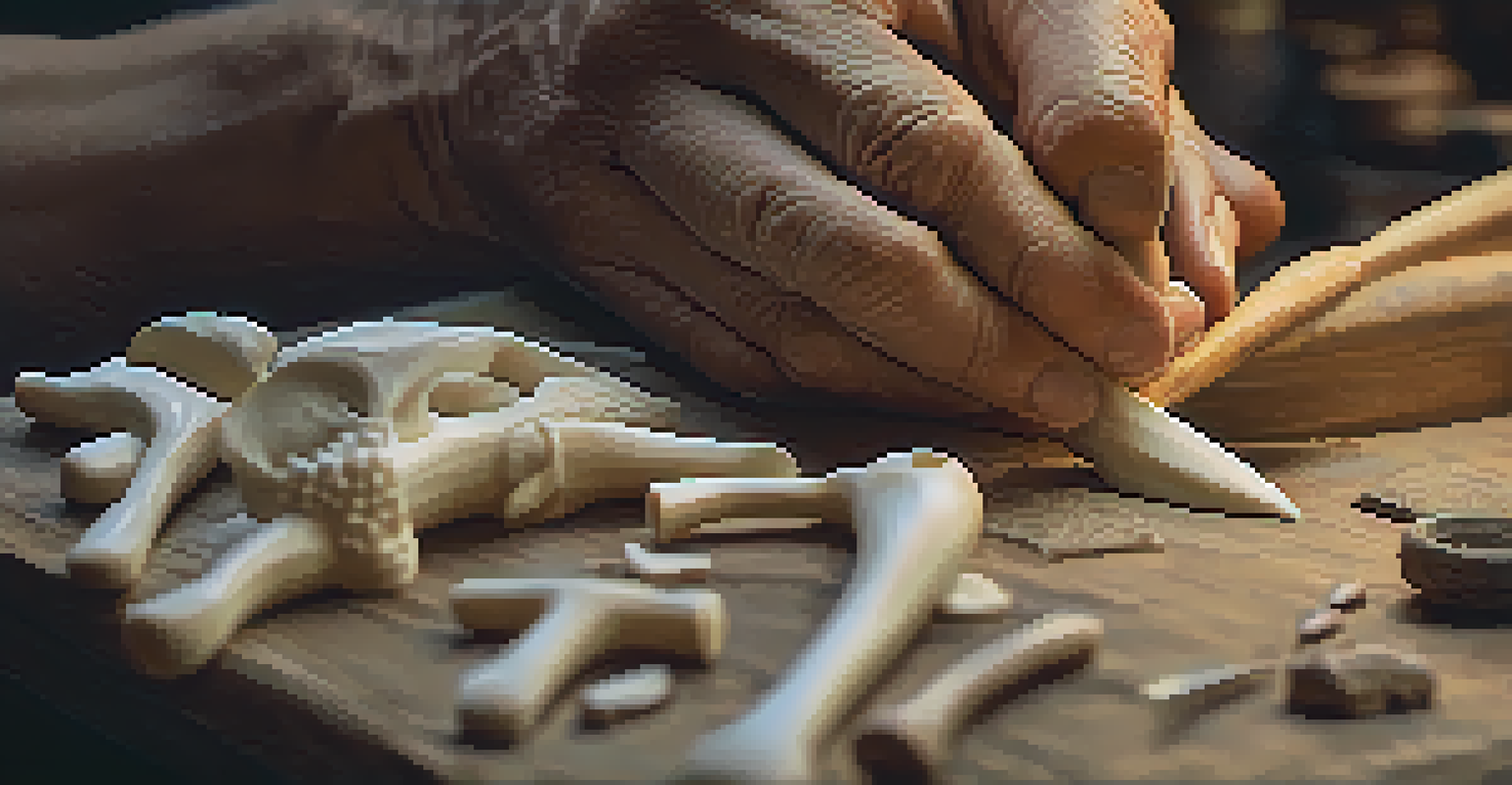 An artisan's hands carving a bone sculpture, highlighting intricate details with traditional carving tools in a softly lit background.