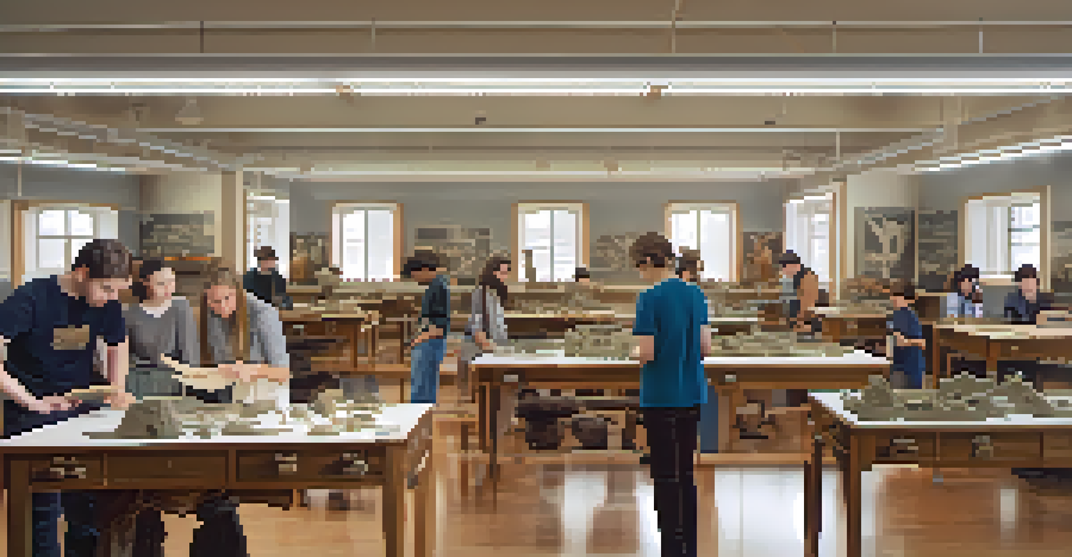 Students in a classroom learning artifact restoration techniques, with 3D printers and traditional tools.