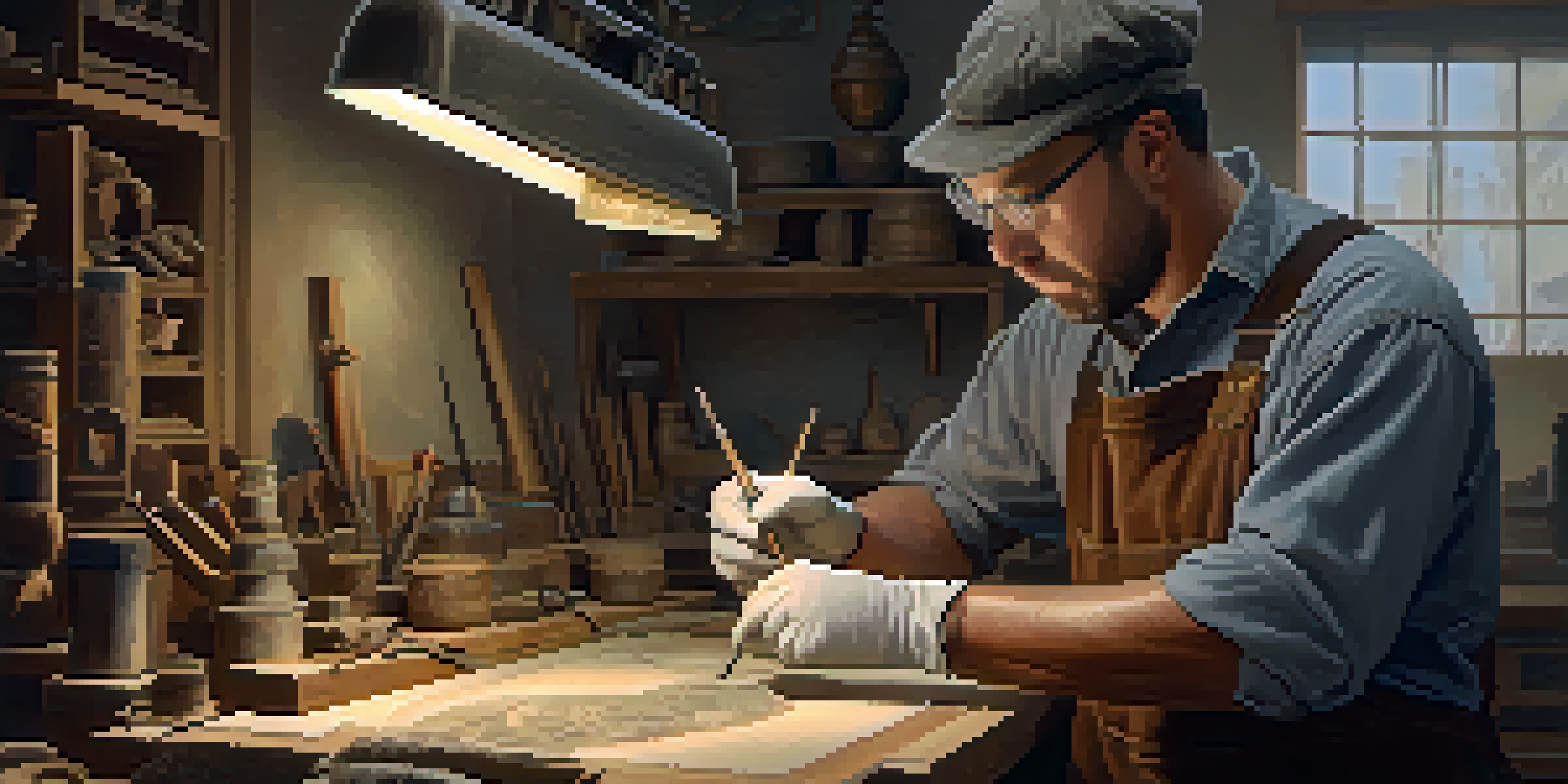 A restorer in a workshop examining a partially restored historical artifact, surrounded by restoration tools.
