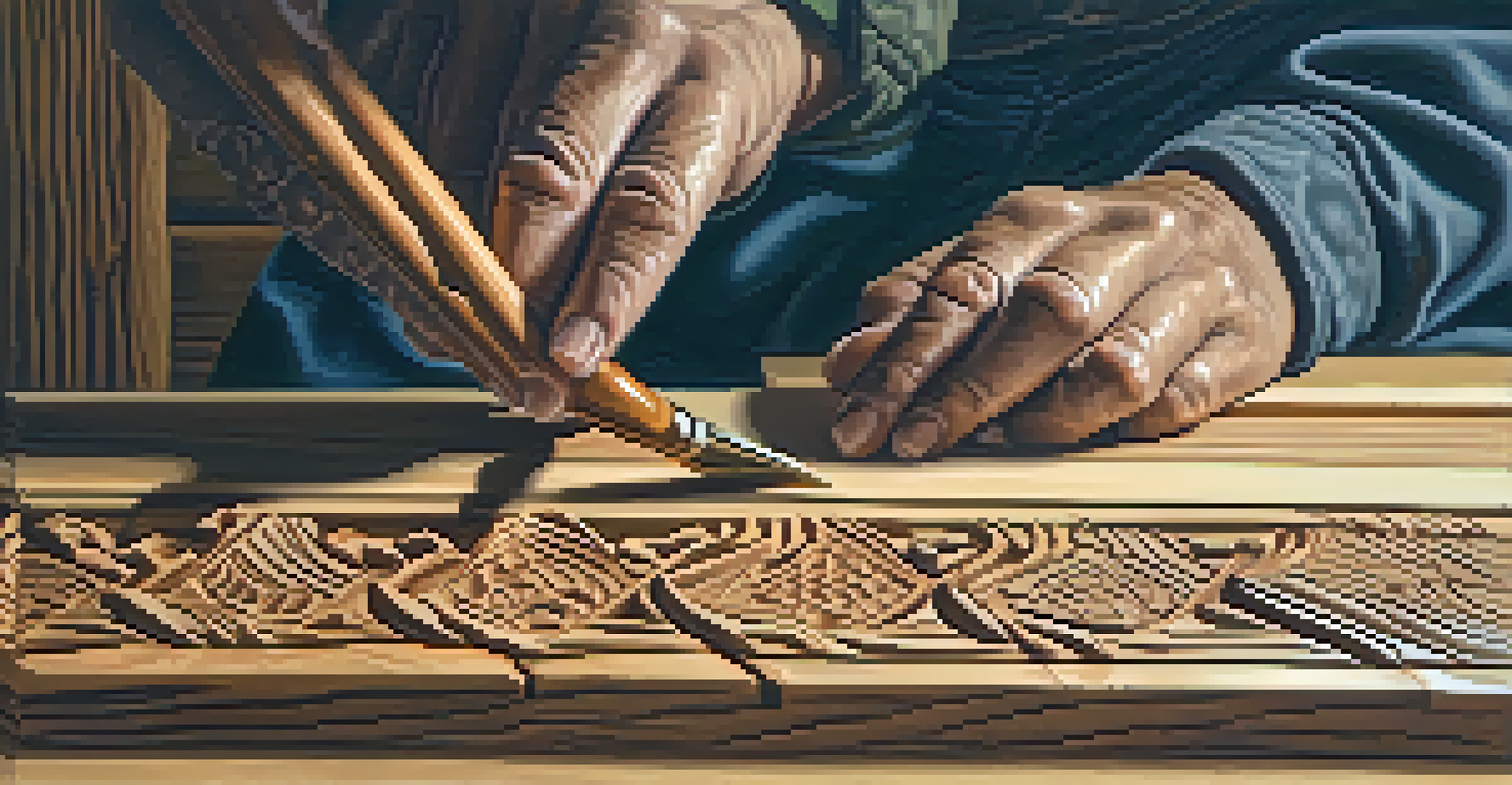 A close-up of a person carving patterns into wood, highlighting the tools and the wood grain texture.
