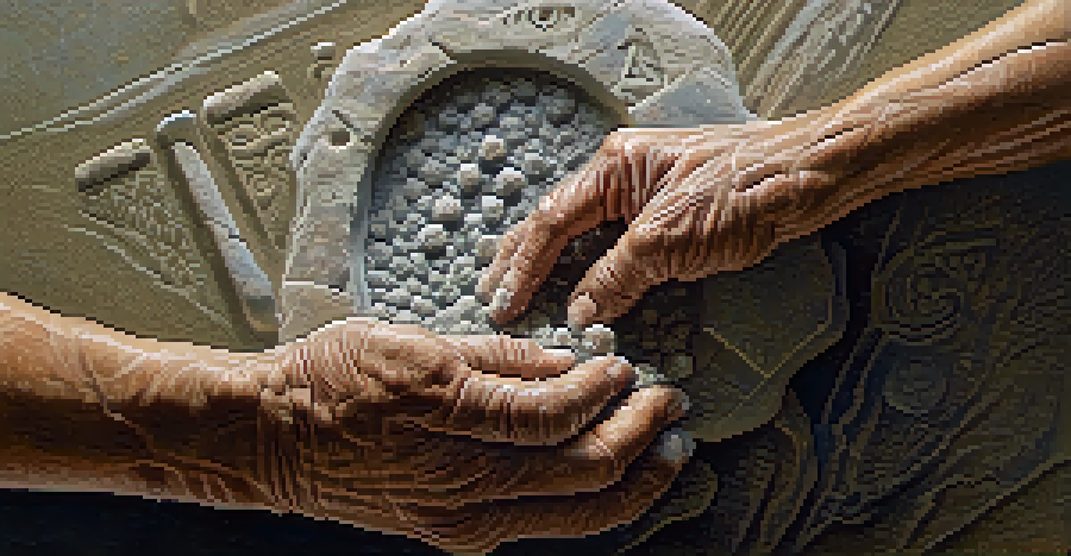 Close-up of aged hands carving intricate patterns into a stone, with fine dust particles in the air and soft light highlighting the textures.
