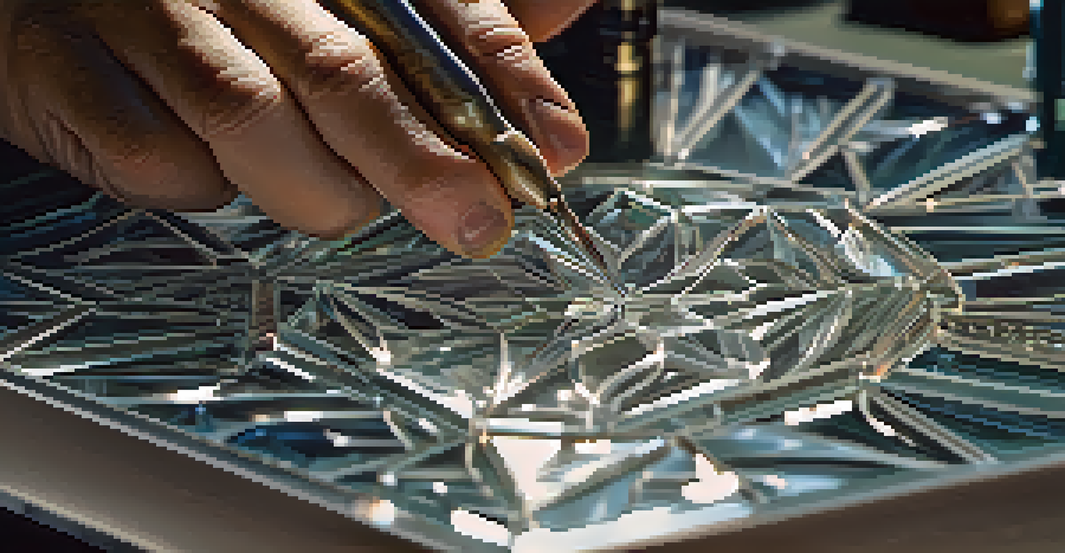 An artisan's hands carving intricate designs into glass with a drill bit, showing scattered glass shards.
