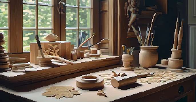 A calm wood carving workspace with tools, wood shavings, and a half-finished leaf sculpture, illuminated by natural light and surrounded by greenery.