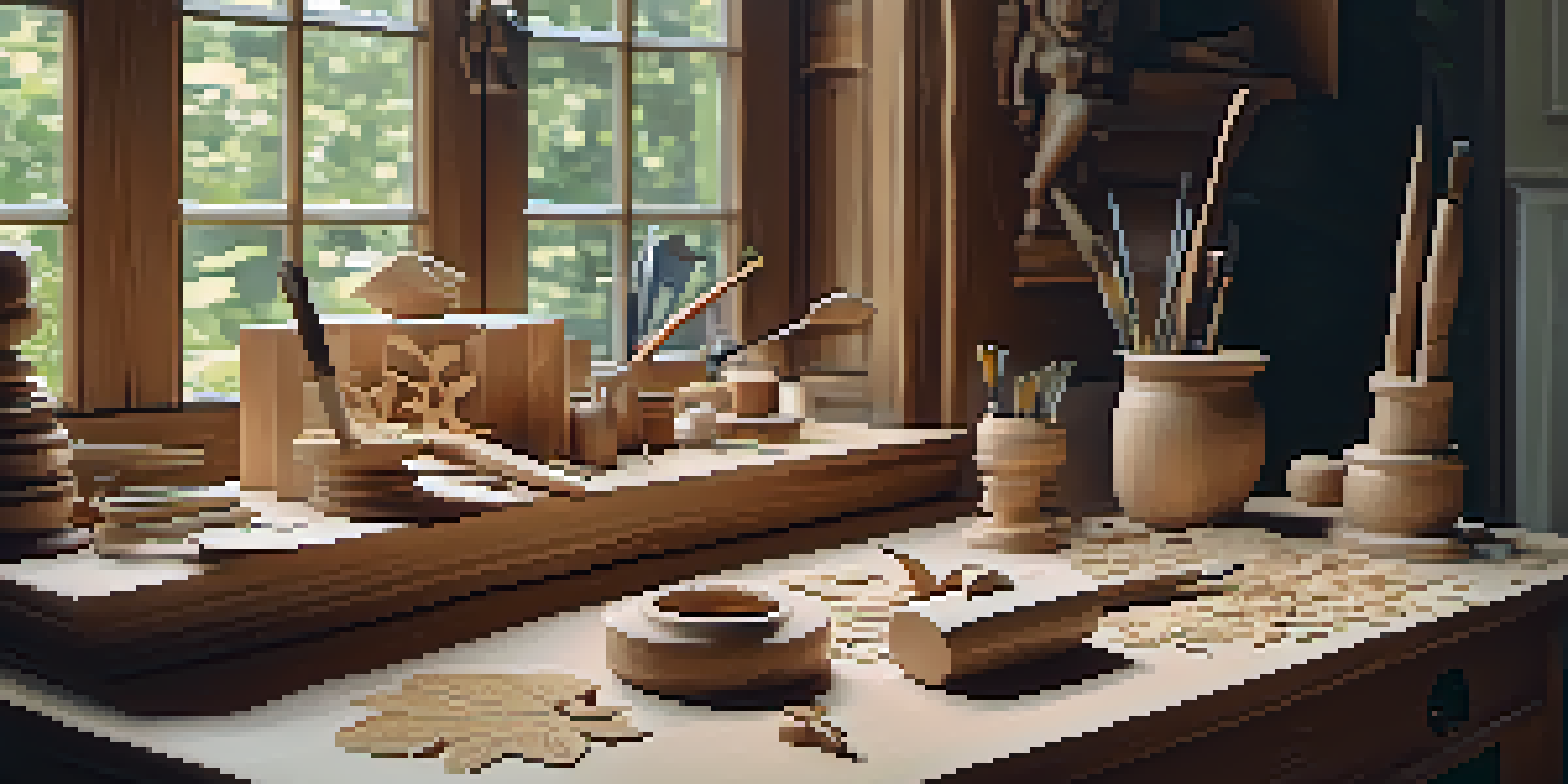 A calm wood carving workspace with tools, wood shavings, and a half-finished leaf sculpture, illuminated by natural light and surrounded by greenery.