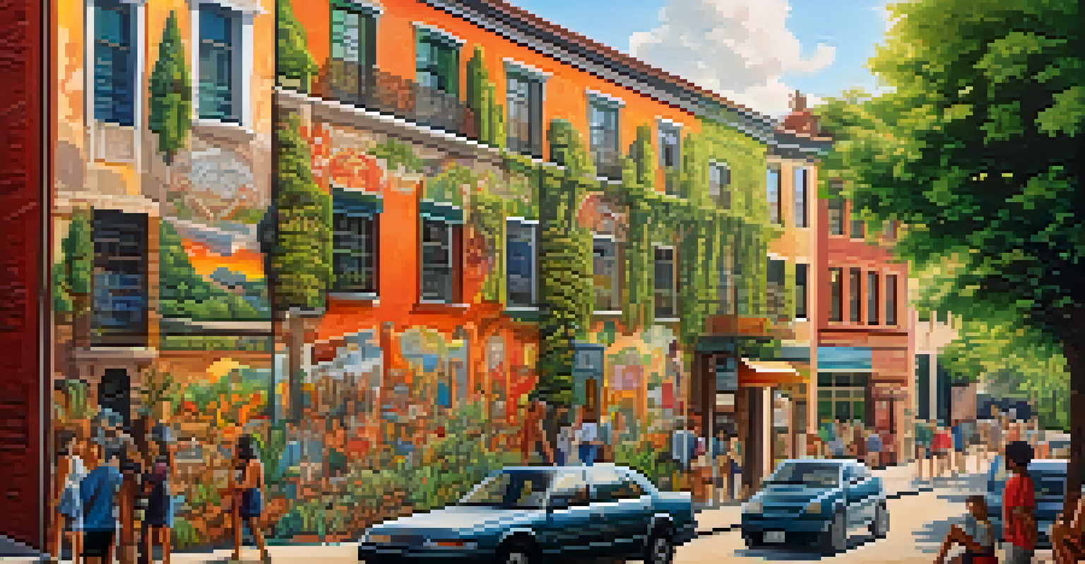 A vibrant mural on a wall showcasing local culture, with plants around and people admiring it in bright sunlight.