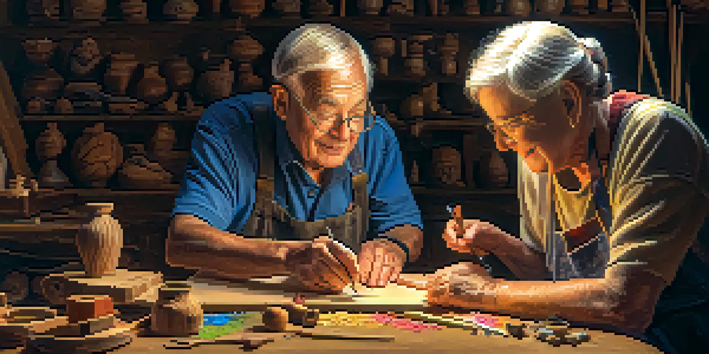 An elderly man teaching his granddaughter how to carve a wooden figure, with a warm atmosphere and colorful tools around them.