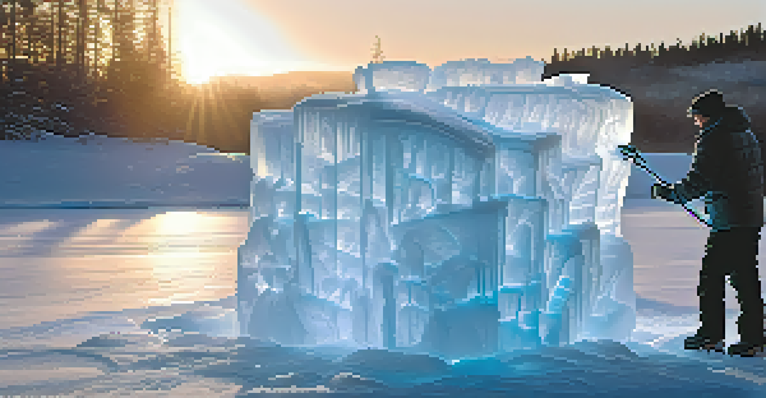 An ice carver creating intricate designs on an ice block with soft blue and white lighting around.