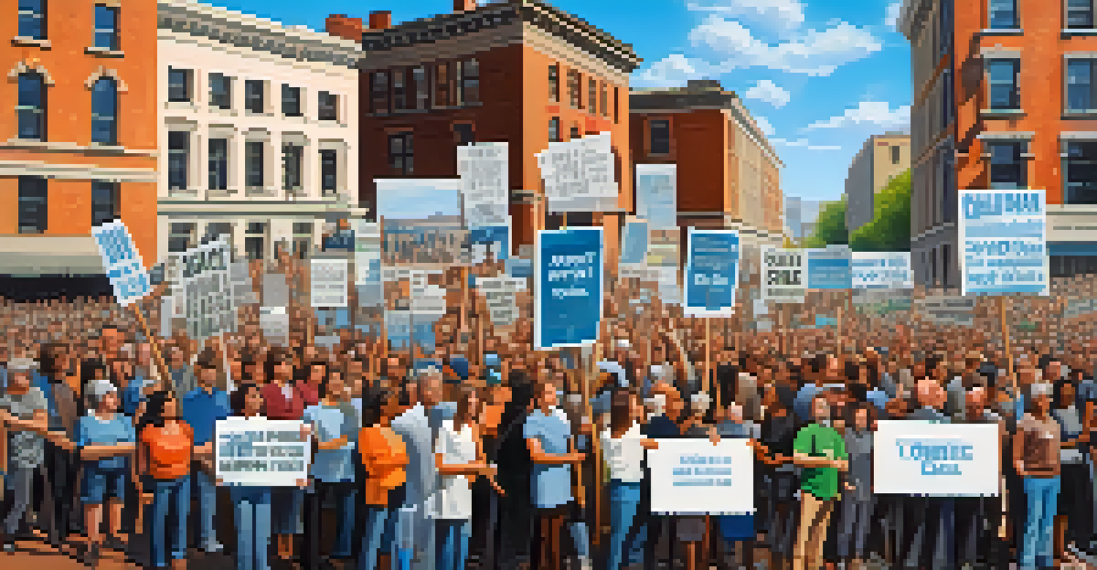 A diverse crowd at a protest holding hand-painted signs for climate action in a city square under a clear blue sky.