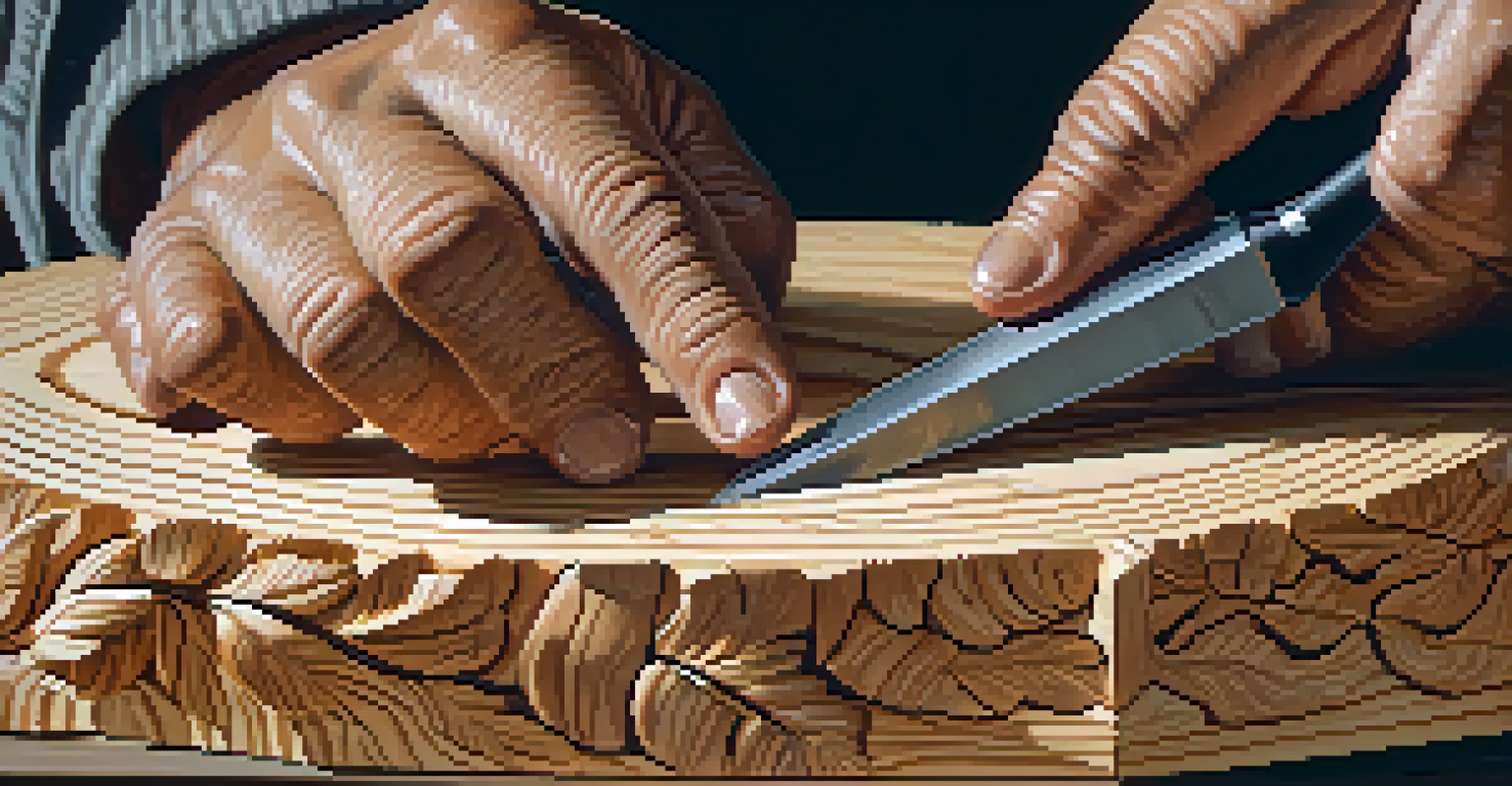 A close-up of hands carving a detailed leaf design into a piece of wood, surrounded by wood shavings.