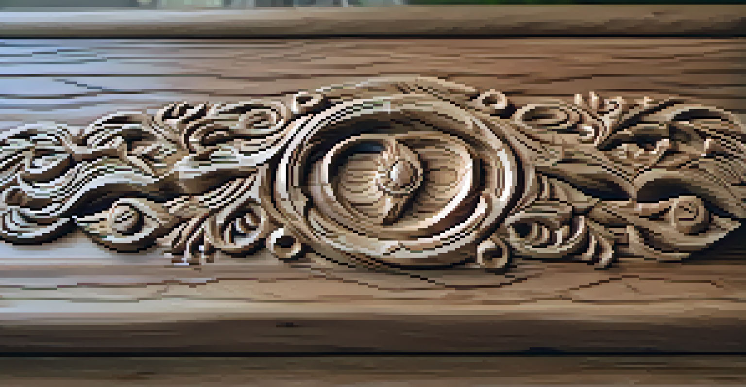 A finished wooden carving on a rustic table, highlighting its intricate details and polished surface in natural light.