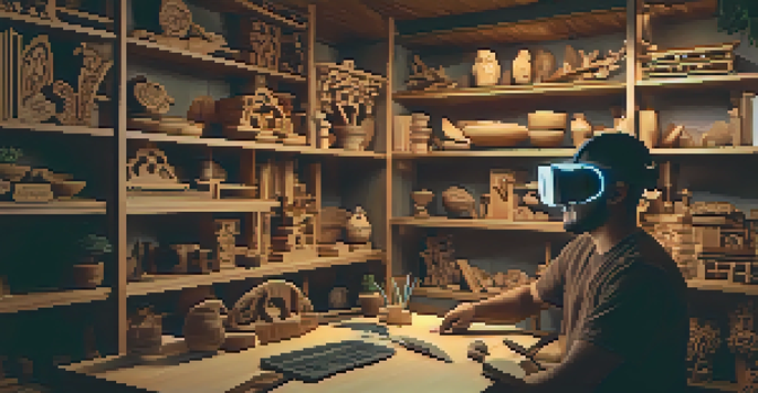 A person wearing a virtual reality headset, engaged in a carving workshop, surrounded by virtual tools and wood carvings, with warm lighting.