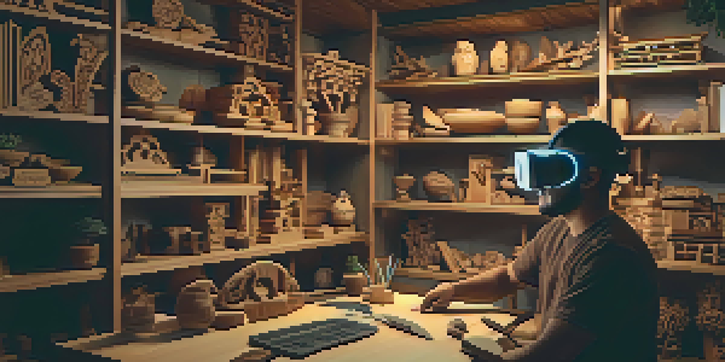 A person wearing a virtual reality headset, engaged in a carving workshop, surrounded by virtual tools and wood carvings, with warm lighting.
