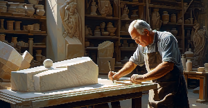 A traditional sculptor working on a marble statue in a sunlit workshop, surrounded by tools and marble dust.