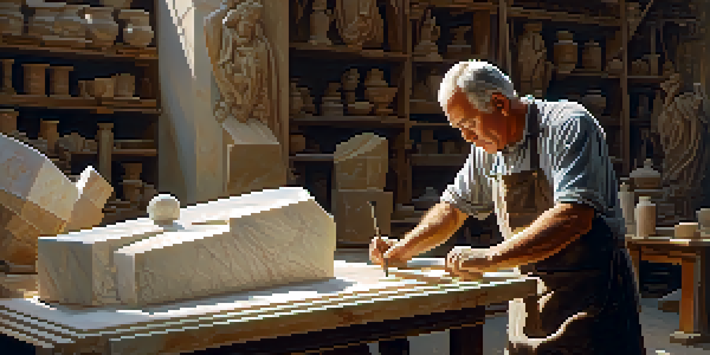 A traditional sculptor working on a marble statue in a sunlit workshop, surrounded by tools and marble dust.
