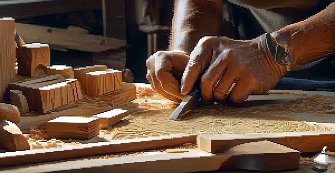 An artisan carving a wooden sculpture in a workshop, with tools and wood shavings around.