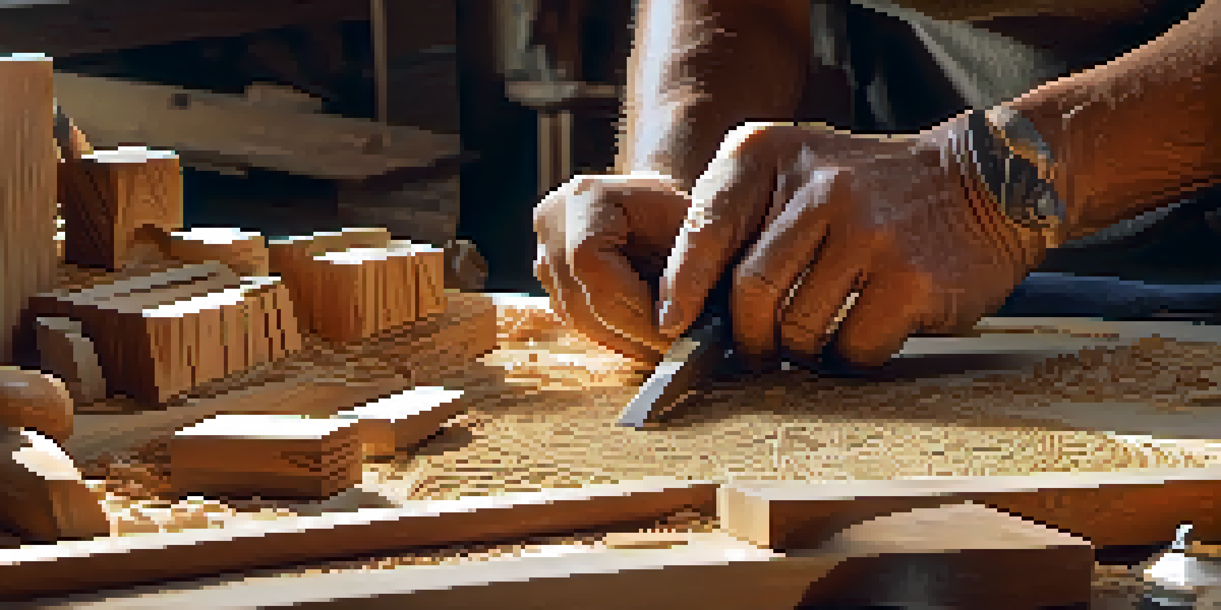 An artisan carving a wooden sculpture in a workshop, with tools and wood shavings around.