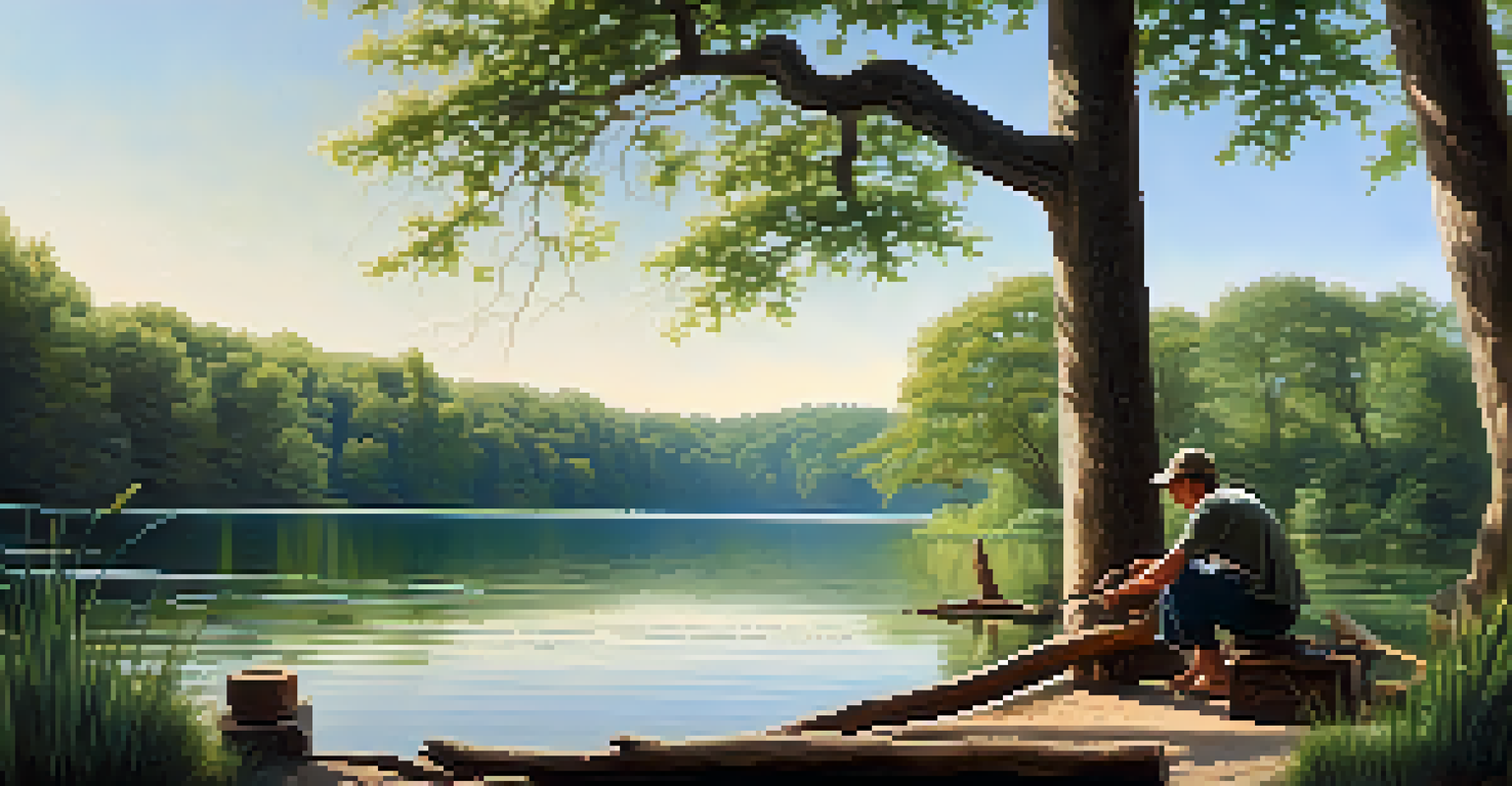 Artist carving driftwood by a lake, surrounded by greenery and soft sunlight.