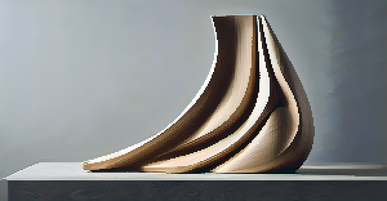 An abstract wood carving with flowing lines, highlighted by a spotlight against a dark background.