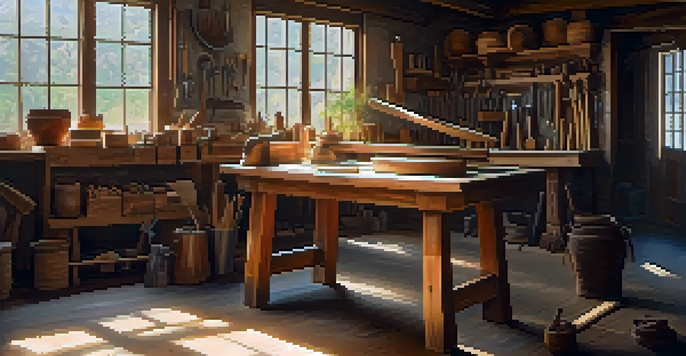 An artisan working on a wooden carving in a bright workshop, surrounded by tools and materials.