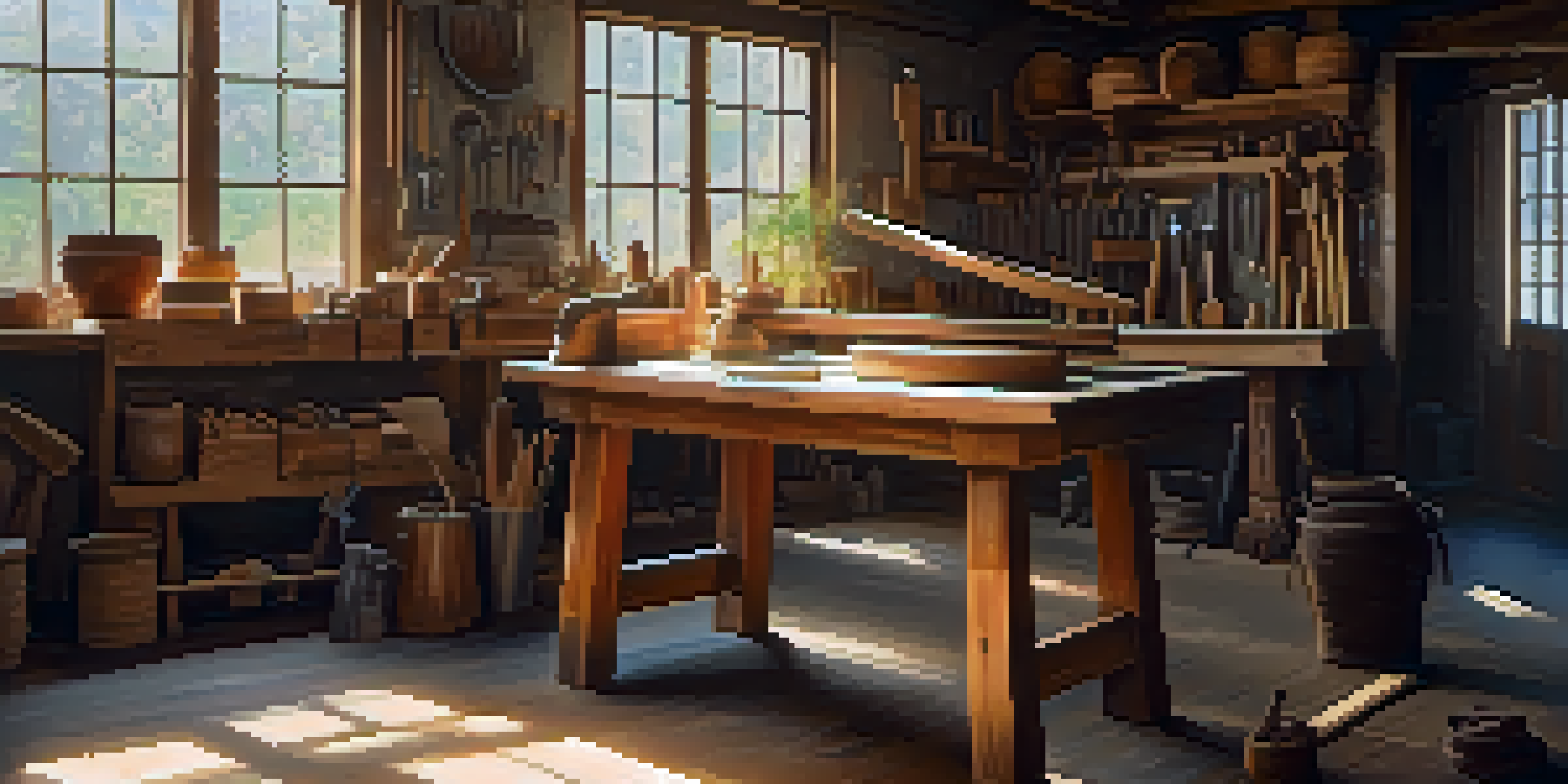 An artisan working on a wooden carving in a bright workshop, surrounded by tools and materials.