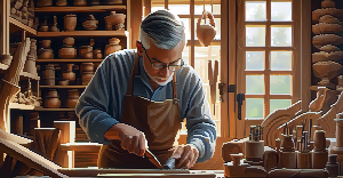 An artisan working in a well-lit workshop, surrounded by carving tools and a 3D printer, creating a detailed wooden piece.