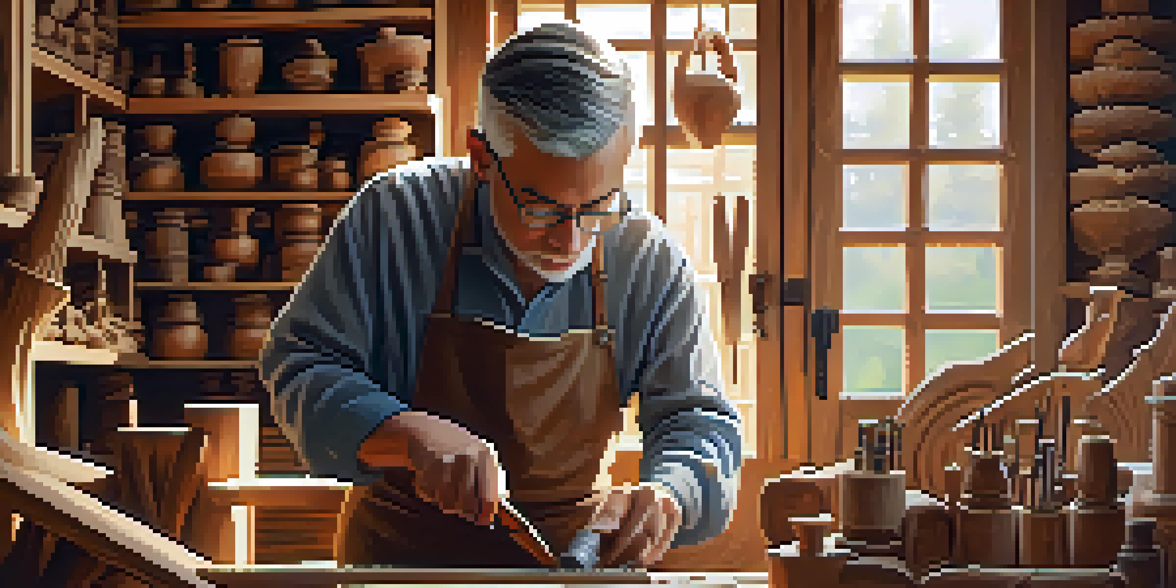 An artisan working in a well-lit workshop, surrounded by carving tools and a 3D printer, creating a detailed wooden piece.