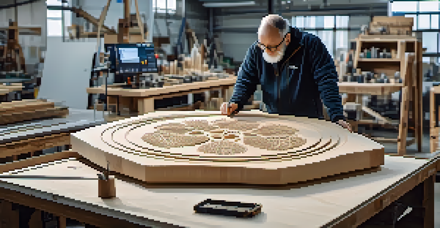 An artist in a workshop observing a CNC machine carving a geometric shape from acrylic.