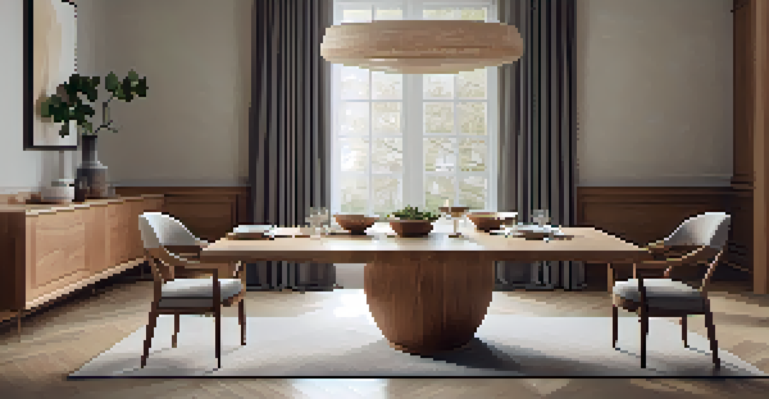 A dining setup with a wooden table, minimalist carved chairs, and a carved wooden bowl, under warm lighting.