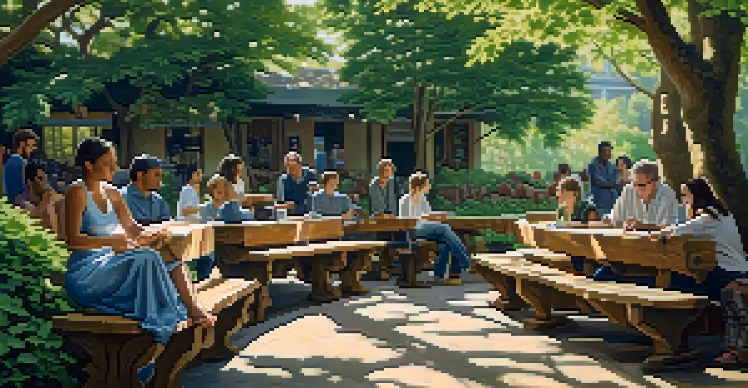 A group of artists outdoors, carving wood and stone amidst a lush green setting, showcasing the community and creativity.