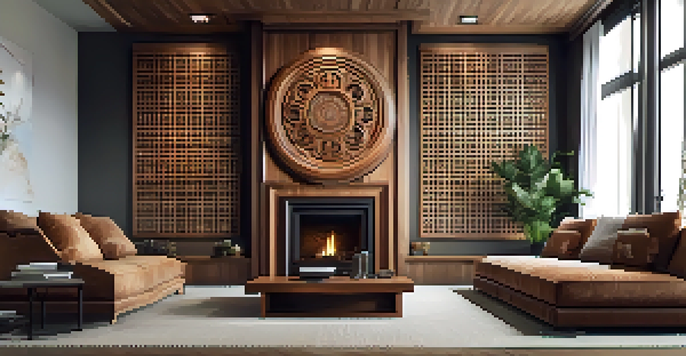 A carved wall panel with traditional motifs above a modern fireplace, creating a striking focal point.