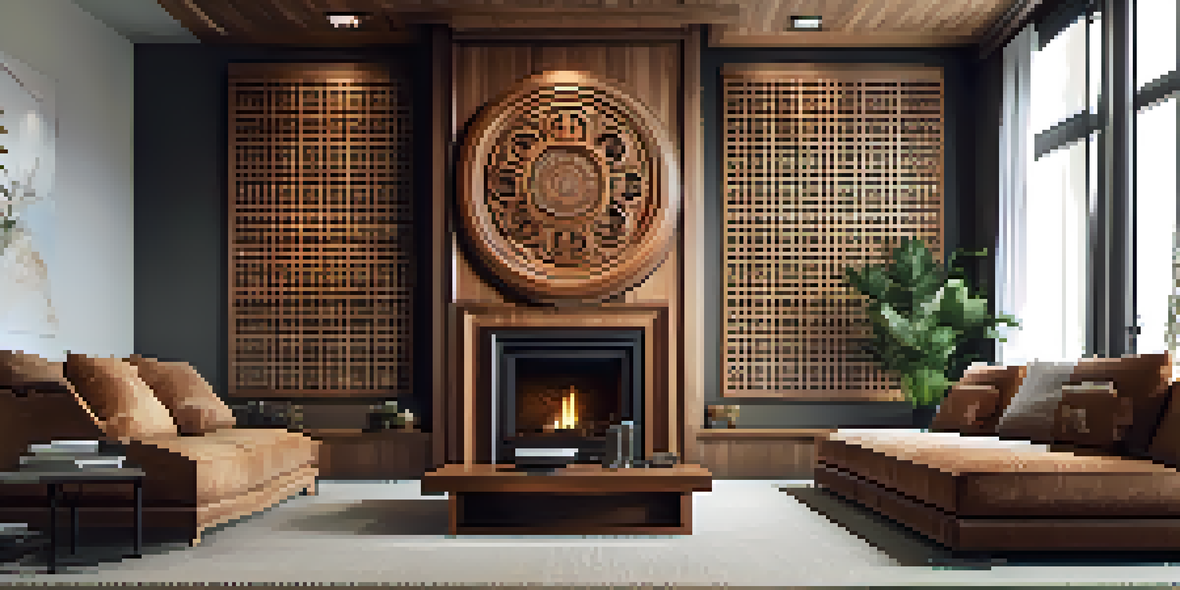 A carved wall panel with traditional motifs above a modern fireplace, creating a striking focal point.