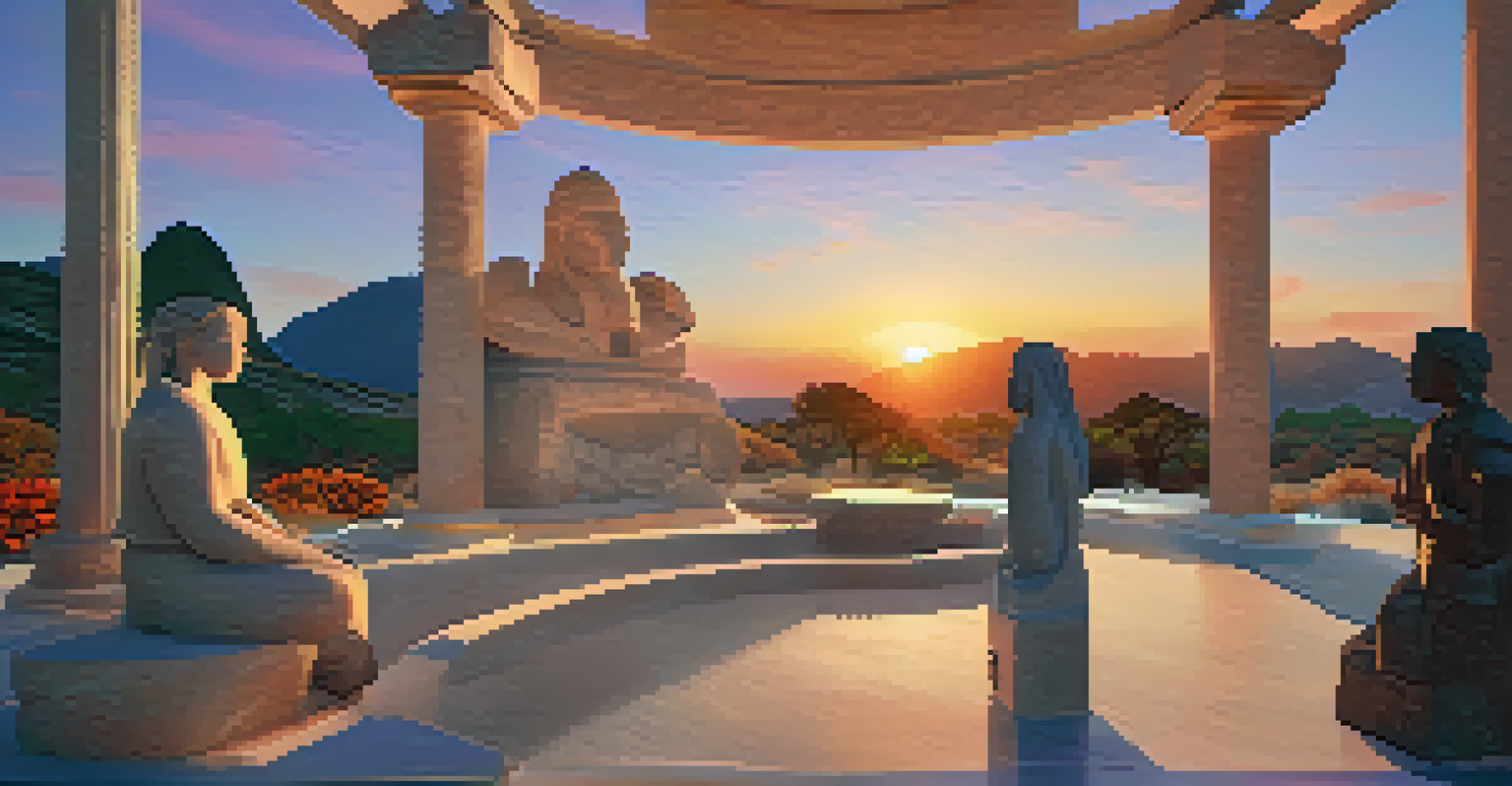 A virtual landscape with a digital sculpture and artists collaborating together in a colorful sunset setting.