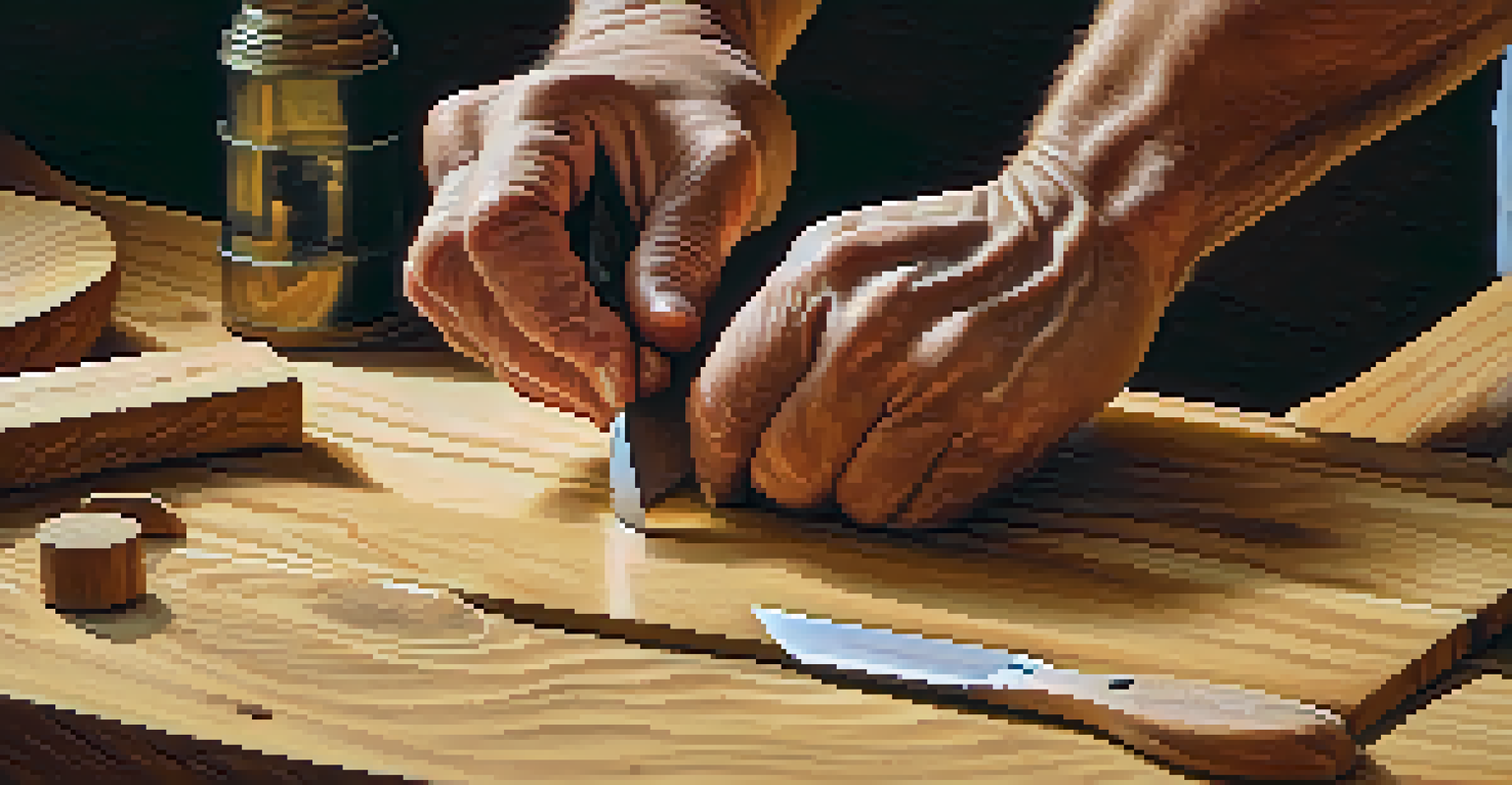 A craftsman's hands carving softwood with a knife, showcasing wood shavings and the texture of the wood.
