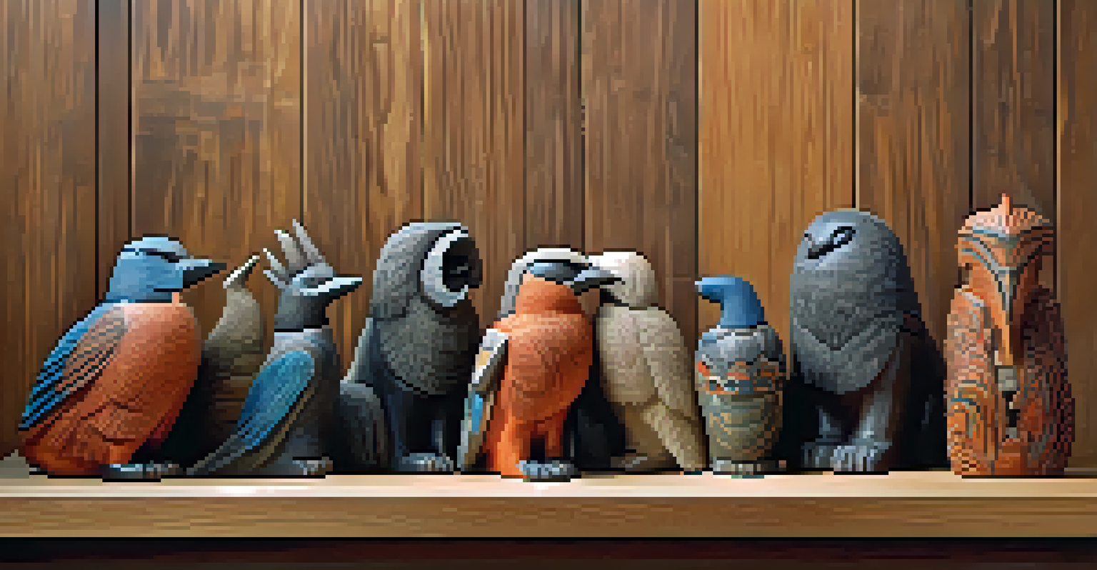 A collection of colorful Inuit carvings showcasing animals and mythological figures on a wooden table, beautifully arranged and illuminated.