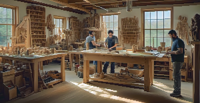 A group of artists collaborating in a carving workshop, using hand tools and CNC machines, surrounded by wooden sculptures and wood shavings.