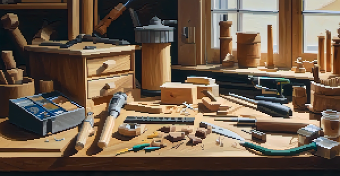 A detailed view of a wood carving workstation filled with power tools and wooden pieces, bathed in warm sunlight.